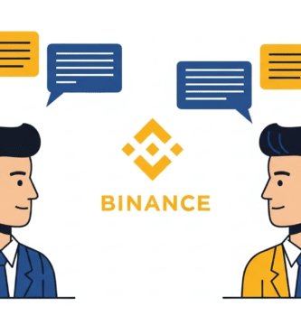 Ilustración de un par de personajes intercambiando opiniones sobre binance. El logo del exchange aparece en el centro de los personajes.