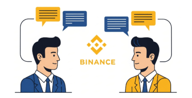 Ilustración de un par de personajes intercambiando opiniones sobre binance. El logo del exchange aparece en el centro de los personajes.