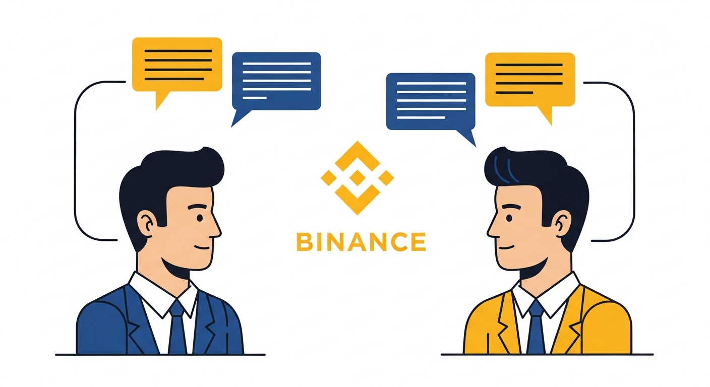 Ilustración de un par de personajes intercambiando opiniones sobre binance. El logo del exchange aparece en el centro de los personajes.
