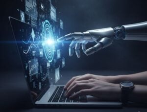 Una persona siendo asistida por una inteligencia artificial en su trabajo en una laptop