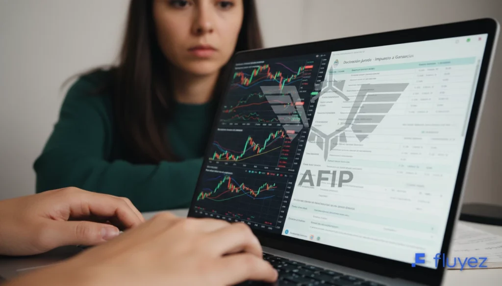 Manos de usuario de criptomonedas en laptop, viendo gráficos cripto y formularios de impuestos de AFIP.