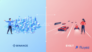 Ilustración plana: usuario Binance en ciudad digital compleja, usuario Bybit en autopista digital simple y rápida.