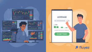 Ilustración plana: usuario Binance con gráficos complejos, usuario Bybit con control de apalancamiento directo.