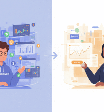 Ilustración plana comparando dos usuarios de criptomonedas: uno rodeado de herramientas complejas (Binance) y otro con interfaz simple (Bybit).