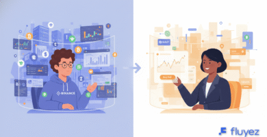 Ilustración plana comparando dos usuarios de criptomonedas: uno rodeado de herramientas complejas (Binance) y otro con interfaz simple (Bybit).
