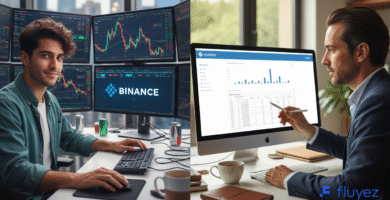 Dos traders latinos, uno dinámico con múltiples pantallas de Binance y otro sereno con interfaz limpia de Kraken, comparan