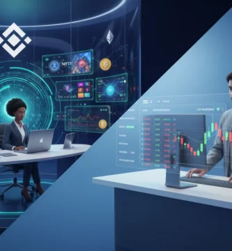 Comparación diagonal de usuarios 3D: uno explora ecosistema Binance diverso, otro opera en interfaz OKX optimizada.