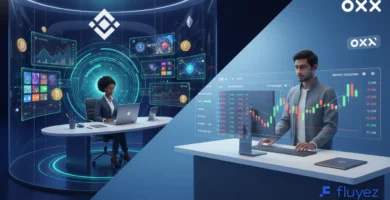 Comparación diagonal de usuarios 3D: uno explora ecosistema Binance diverso, otro opera en interfaz OKX optimizada.