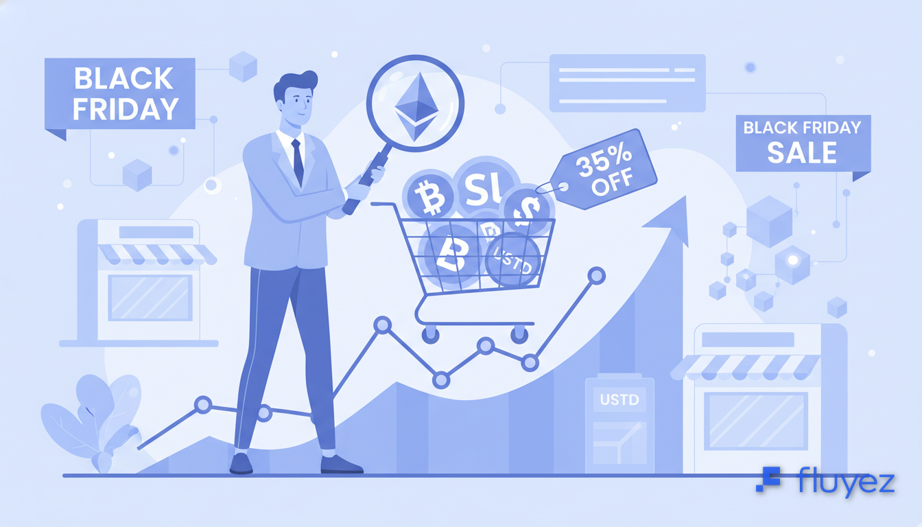Inversor humanizado comprando criptomonedas con descuentos de Black Friday durante una caída del mercado, simbolizando oportunidad.