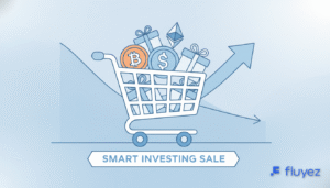 Carrito de compras con criptomonedas y gráficos de mercado, simbolizando ofertas Black Friday durante una corrección.