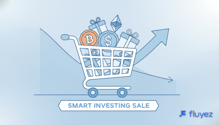 Carrito de compras con criptomonedas y gráficos de mercado, simbolizando ofertas Black Friday durante una corrección.