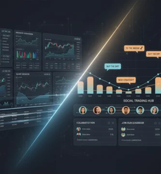 Comparación visual de dos interfaces de trading: una con gráficos complejos y alta velocidad para traders avanzados, otra con funciones sociales y copy trading para principiantes.