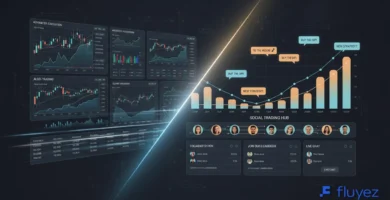 Comparación visual de dos interfaces de trading: una con gráficos complejos y alta velocidad para traders avanzados, otra con funciones sociales y copy trading para principiantes.