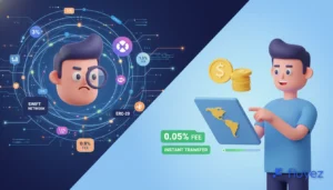 Usuarios 3D comparando comisiones y retiros en Binance y OKX, con énfasis en LATAM.