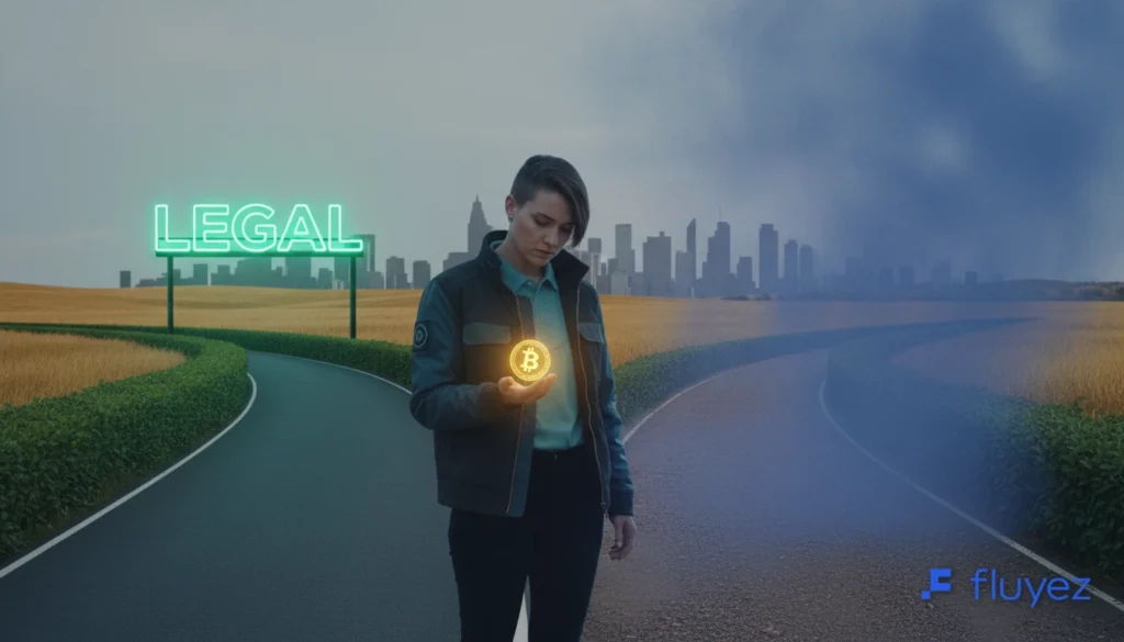 Persona en una encrucijada, un camino dice "LEGAL" y el otro se pierde en la niebla, simbolizando el limbo legal criptomonedas en Argentina