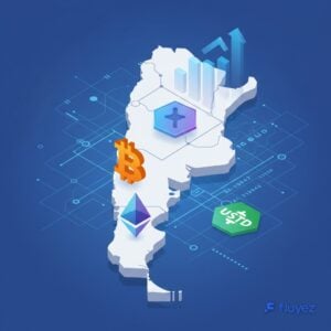 Ilustración de criptomonedas sobre un mapa de Argentina, simbolizando inversión digital y oportunidades financieras.