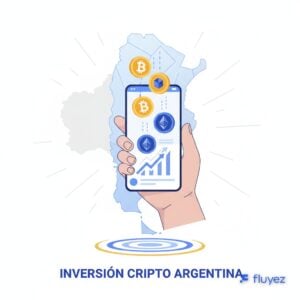 Una persona invirtiendo en criptomonedas a través de una aplicación móvil en Argentina, con símbolos de Bitcoin y Ethereum.