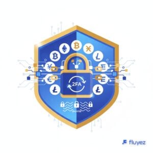 Escudo de seguridad digital protegiendo criptomonedas y una red blockchain, simbolizando la seguridad en las inversiones.