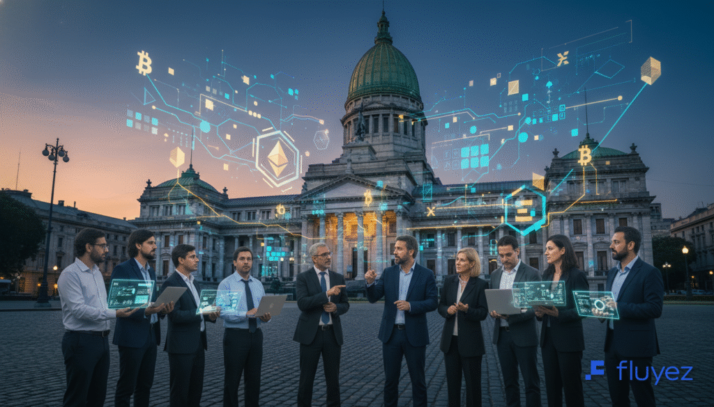 Edificio del Congreso argentino con símbolos blockchain, personas debatiendo la regulación de criptomonedas.