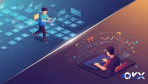Alt: Usuarios 3D representando la elección entre Binance (ecosistema) y OKX (ejecución rápida).