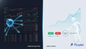 Contraste visual de interfaces de trading: una compleja para usuarios avanzados y otra simplificada para principiantes, representando diferentes curvas de aprendizaje.