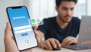 Trader evaluando experiencias variables en Paxful P2P, con símbolos de transacciones exitosas.