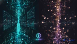 Representación conceptual de las filosofías de trading de Bybit (avanzada, rápida) y BingX (social, accesible) con caminos digitales divergentes.