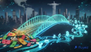 Puente digital conectando monedas fiat latinoamericanas con criptomonedas, simbolizando transacciones rápidas y eficientes para traders en la región.