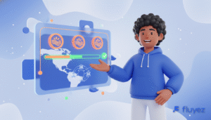 Persona usando plataforma Fluyez para transacciones cripto rápidas y locales en Latinoamérica con moneda regional.