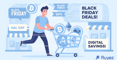 Personaje humanizado con carrito de compras lleno de iconos de criptomonedas, representando el Black Friday Cripto.