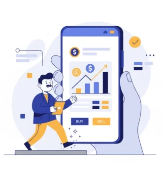 Hombrecito animado entrando en una aplicación de trading de criptomonedas en un celular, simbolizando la elección de apps.