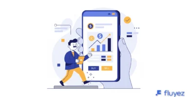 Hombrecito animado entrando en una aplicación de trading de criptomonedas en un celular, simbolizando la elección de apps.