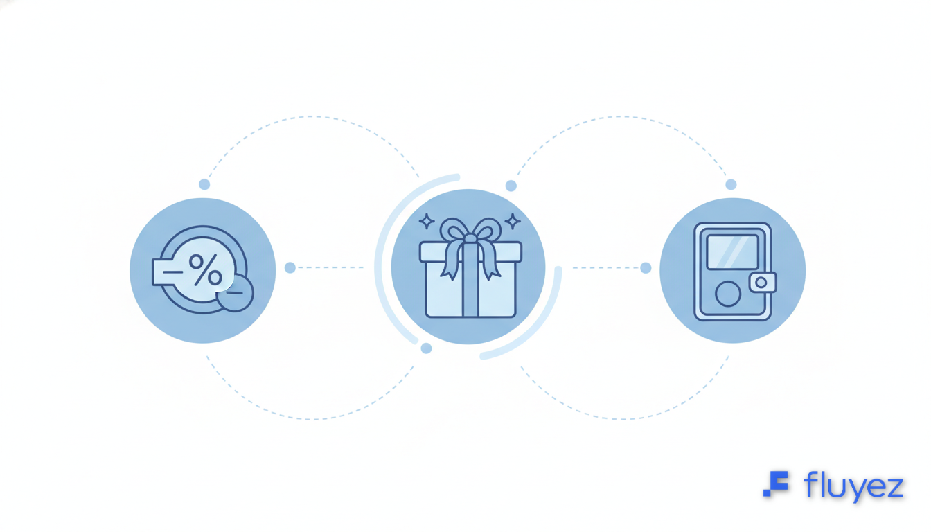 Tres iconos vectoriales: moneda con descuento, caja de regalo y billetera hardware, representando incentivos cripto.