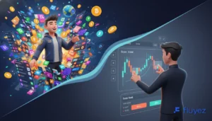 Ilustración 3D comparando interfaz Binance (ecosistema amplio) y OKX (ejecución limpia).