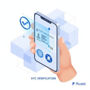 Proceso de verificación de identidad KYC para criptomonedas, mostrando un DNI escaneado con un smartphone y elementos de seguridad.