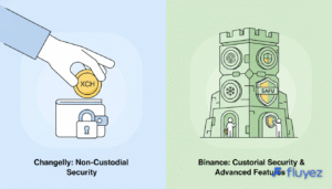 Modelos de seguridad cripto: Changelly no custodial con transferencia directa y Binance custodial con bóveda segura y SAFU.