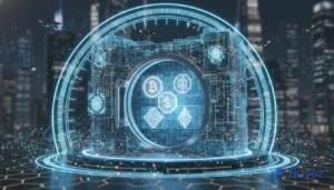 Alt: Bóveda digital futurista con elementos de blockchain, simbolizando la seguridad robusta y el almacenamiento en frío de criptomonedas en exchanges.
