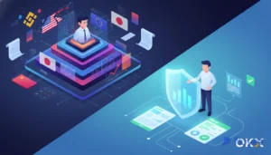 Alt: Comparativa 3D de seguridad y regulación: Binance (adaptación global) vs OKX (transparencia).