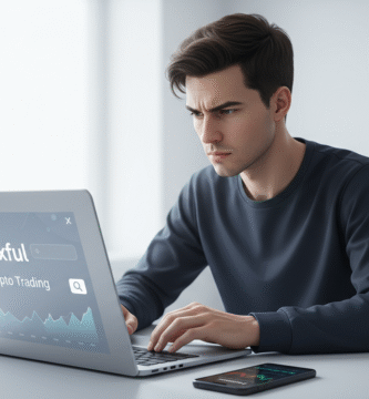 Trader concentrado investigando la confiabilidad de Paxful en su laptop, evaluando opciones de criptomonedas P2P.