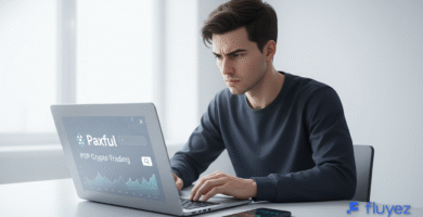Trader concentrado investigando la confiabilidad de Paxful en su laptop, evaluando opciones de criptomonedas P2P.