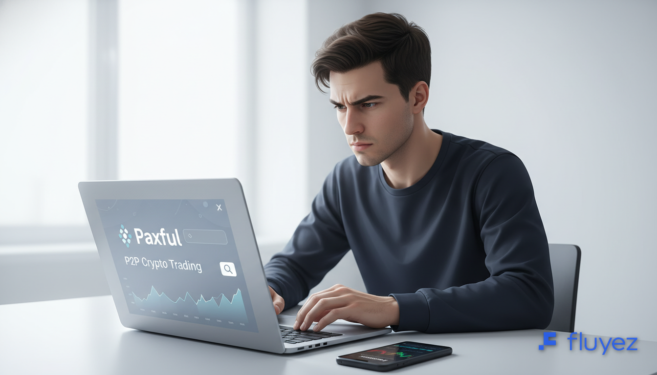 Trader concentrado investigando la confiabilidad de Paxful en su laptop, evaluando opciones de criptomonedas P2P.