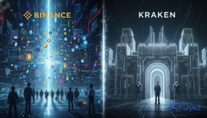 Representación visual de Binance como un vasto mercado de criptomonedas y Kraken como una plataforma 