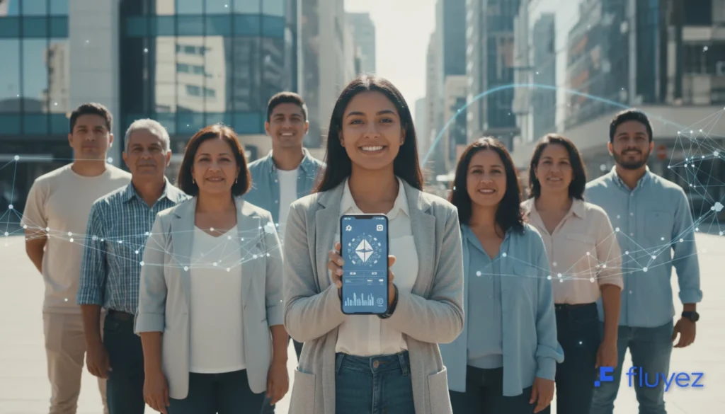 Grupo diverso de latinoamericanos mirando al futuro, simbolizando la adopción masiva de criptomonedas y la búsqueda de independencia financiera.