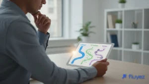 Persona latina evaluando opciones de plataformas de criptomonedas (Exchange, P2P, Broker) en una tablet, simbolizando la elección informada para principiantes.