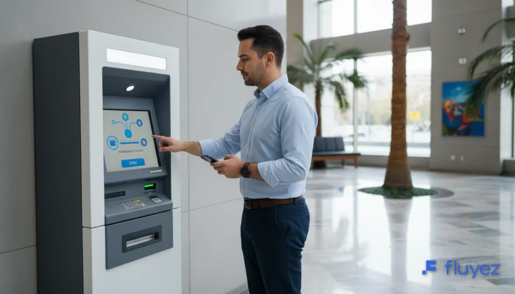 Hombre latinoamericano usando un cajero automático de Bitcoin, representando la inclusión financiera y facilidad de remesas con criptomonedas.