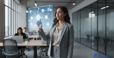 Mujer latina profesional interactuando con interfaz holográfica de criptomonedas, simbolizando seguridad financiera y empoderamiento digital.