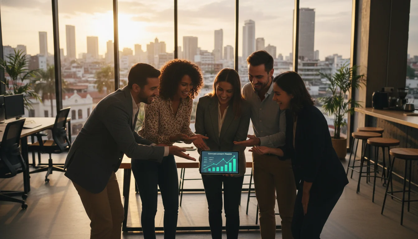 Jóvenes profesionales analizando el mercado de criptomonedas en un entorno moderno.