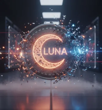 LUNA criptomoneda rompiéndose en pedazos sobre un fondo de gráficos financieros oscuros.