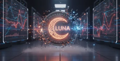 LUNA criptomoneda rompiéndose en pedazos sobre un fondo de gráficos financieros oscuros.
