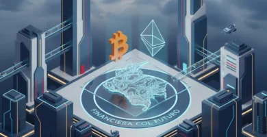 Futuristic 3D financial hub in Colombia with Bitcoin and Ethereum icons and blockchain map. Representando que criptomoneda comprar en Colombia